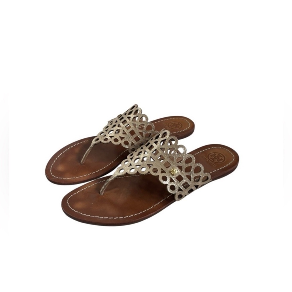Tory Burch Davy laser cut gold & brown leather slip on thong flat sandals size 9